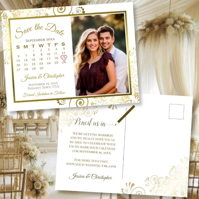 Gold & White Wedding Save the Date Calendar Foto Ankündigungspostkarte (Front/Back)
