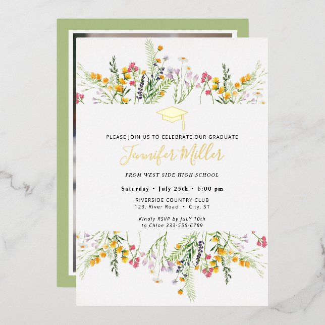 Gold Wildblumen Abschluss Foto auf der Rückseite Folieneinladung (Vorderseite/Rückseite)