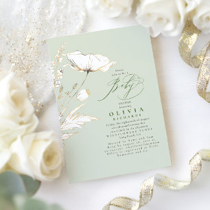 Gold Wildblumen setzen Grüne Elegante Babydusche e Einladung