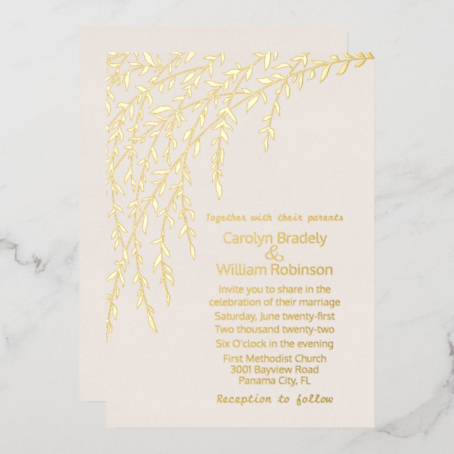 Gold Willows Ivory Wedding Foil Einladung (Vorderseite/Rückseite)