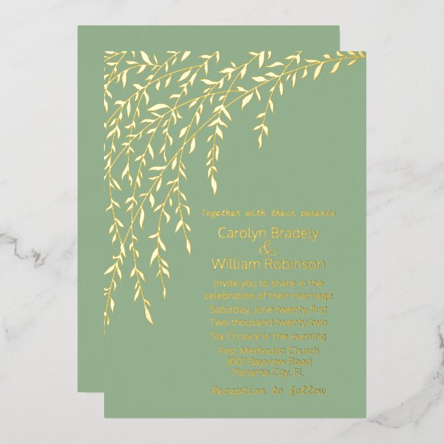 Gold Willows Light Sage Green Wedding Folieneinladung (Vorderseite/Rückseite)