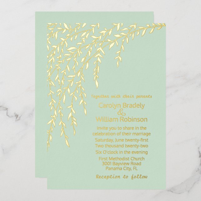 Gold Willows Mint Green Wedding Foil Einladung (Vorderseite/Rückseite)
