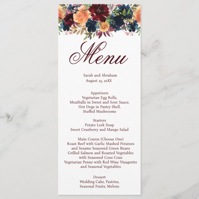Gold Wine Burgundy Navy Blue Wedding Menu Menükarte (Vorderseite)