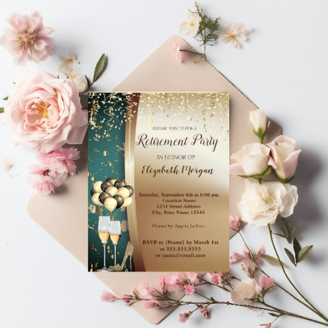 Gold-Wine-Glas, High Heels, Ballons-Renten-Party Einladung (Von Creator hochgeladen)