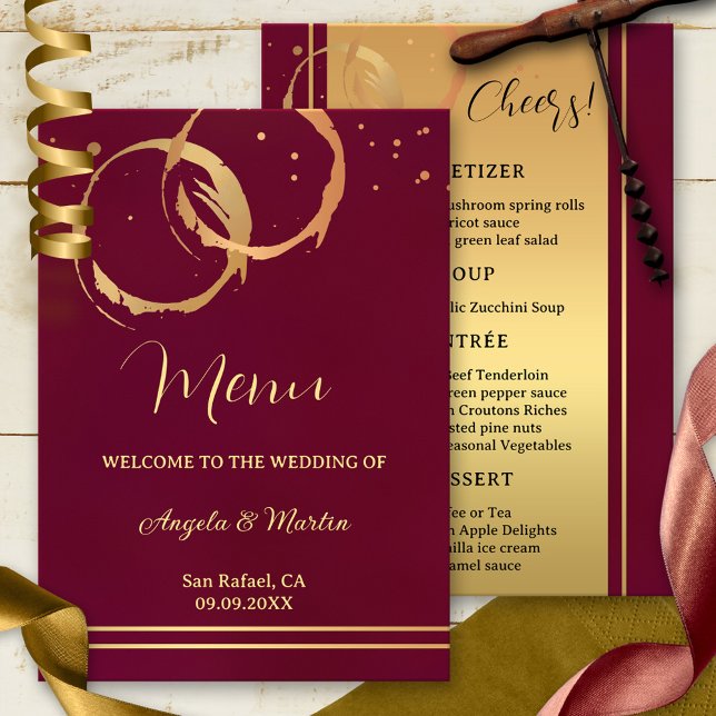 Gold Wine Stains Confetti Wedding Menü Menükarte (Wine themed wedding  menu featuring gold intersecting wine stains and sparkles on burgundy marsala)