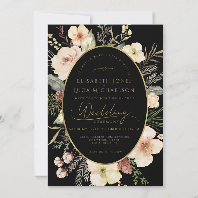 Gold Winter Black Flora Botanical Monogram Wedding Einladung (Vorderseite)