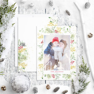 Gold Winter Botanische Grünpflanzen Berries Foto Feiertagskarte