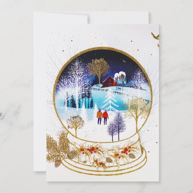 Gold Winter Eve Couple Snowglobe Forest Zuhause Feiertagskarte (Vorderseite)