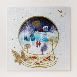 Gold Winter Eve Couple Snowglobe Forest Zuhause Puzzle