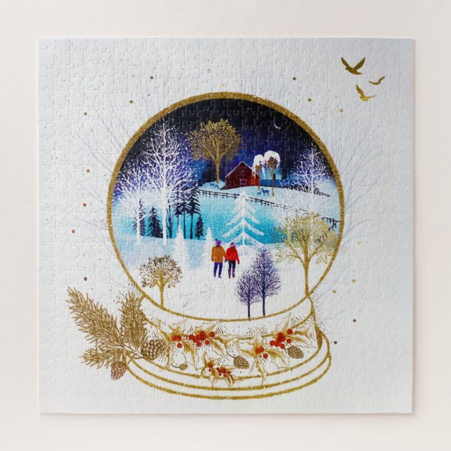 Gold Winter Eve Couple Snowglobe Forest Zuhause Puzzle (Vertikal)