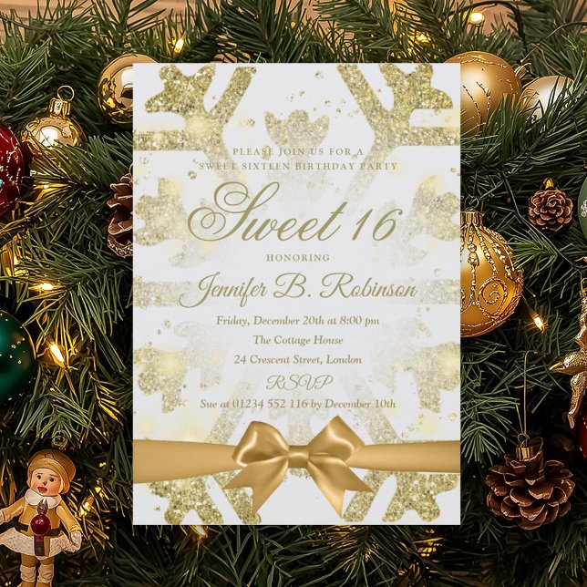Gold Winter Glitter Bow Sweet 16 Birthday Party Einladung (Gold Winter Glitter Bow Sweet 16 Birthday Party Invitation)