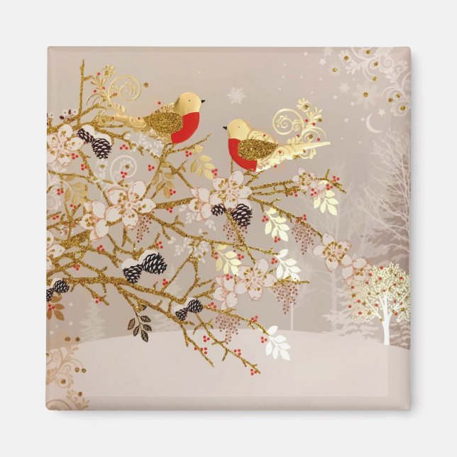 Gold Winter Snow Birds Weihnachten Magnet (Vorne)