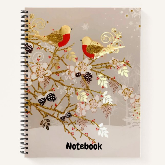 Gold Winter Snow Birds Weihnachten Notizbuch (Vorderseite)