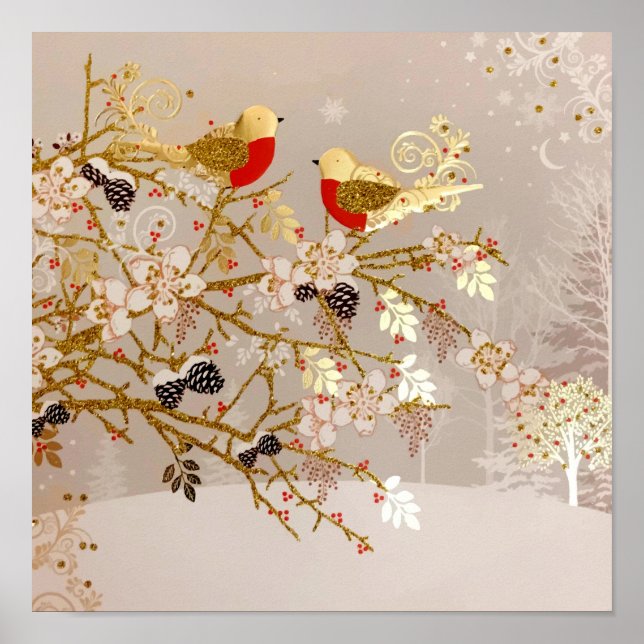 Gold Winter Snow Birds Weihnachten Poster (Vorne)