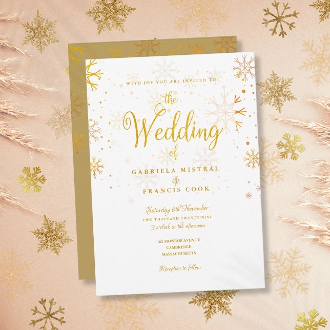 Gold Winter Snowflakes Elegante Script Wedding Einladung (Gold Winter Snowflakes Elegant Script Wedding Invitation)