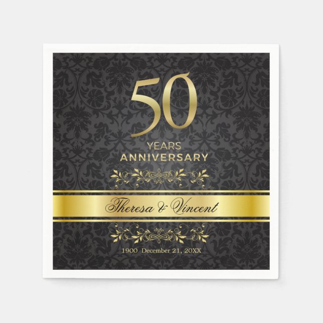 Gold Wirbel Black Damask 50 Hochzeitstag Serviette (Vorderseite)