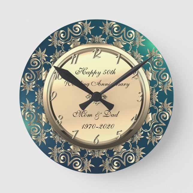 Gold Wirbel Diamond Green 50 Jahre Hochzeit Runde Wanduhr (Vorderseite)