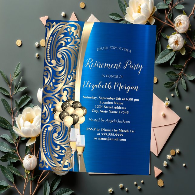 Gold-Wirbel Glass, High Heels Blue Retirement Einladung (Von Creator hochgeladen)