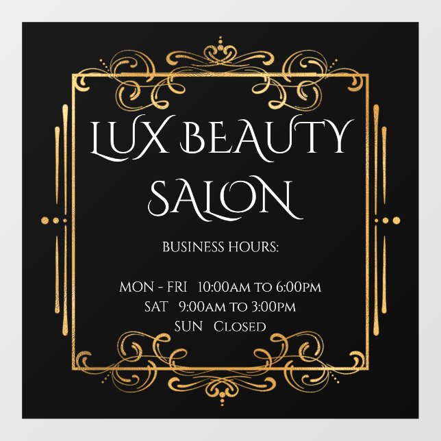 Gold Wirbel Schwarze Elegante Business-Öffnungszei Fensteraufkleber (Blatt)