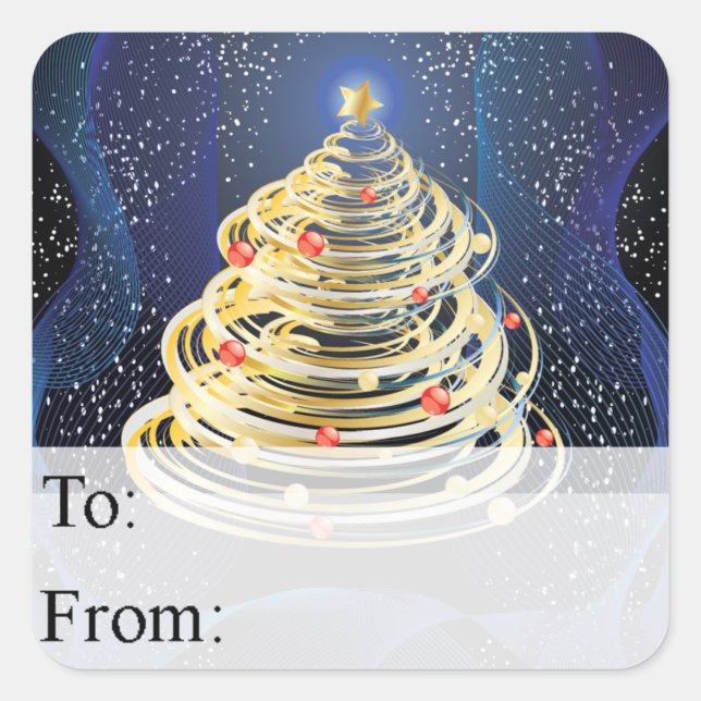 Gold Wirbel Weihnachtsbaum-Geschenkmarke Quadratischer Aufkleber (Vorderseite)