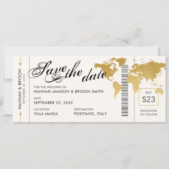 Gold World Map Boarding Pass Ticket Save the Date Ankündigung (Vorderseite)