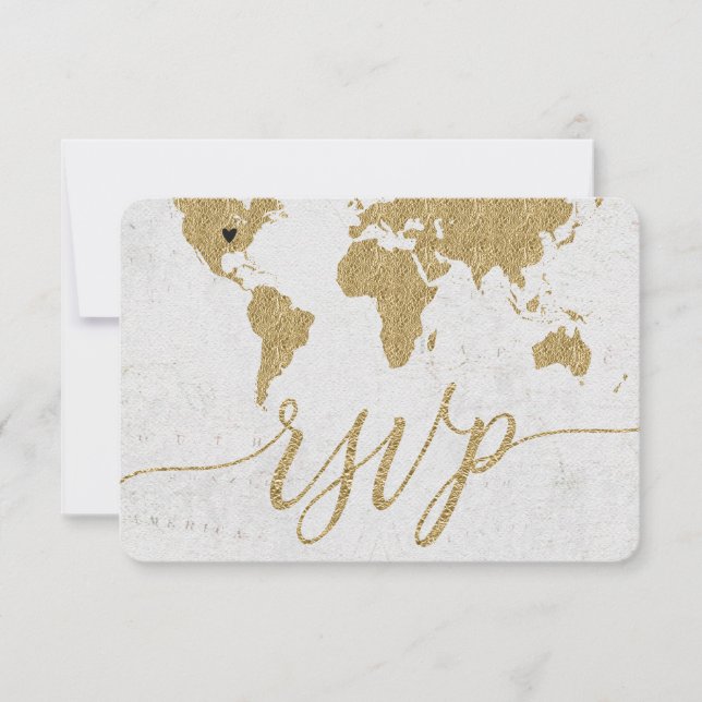 Gold World Map Custom Hochzeit in Urlaubsort UAWG RSVP Karte (Vorderseite)