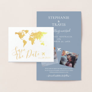Gold World Map Folded Destination Save the Date Folienkarte