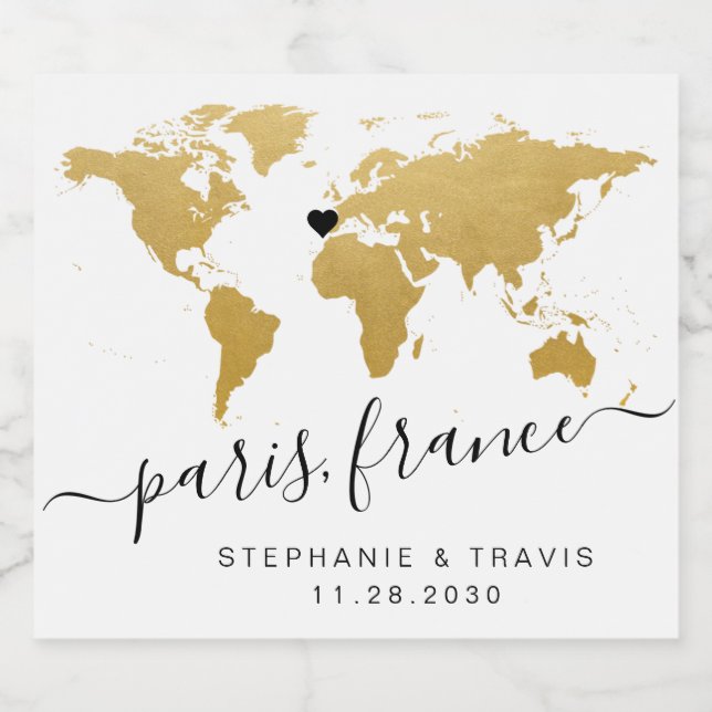 Gold World Map Herzziel Gefallen Bierflaschenetikett (Einzelnes Label)