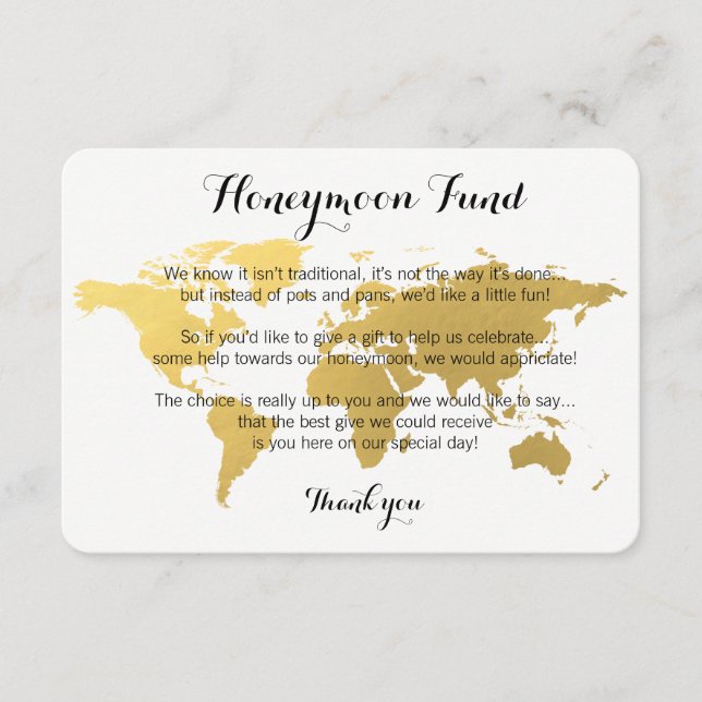 Gold World Map Honeymoon Fond Anfrage Hochzeitskar Begleitkarte (Vorderseite)