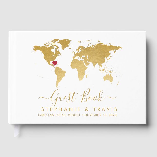 Gold World Map Personalisiert Heart Destination Gästebuch (Vorderseite)