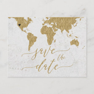 Gold World Map Ziel Save the Date Ankündigungspostkarte