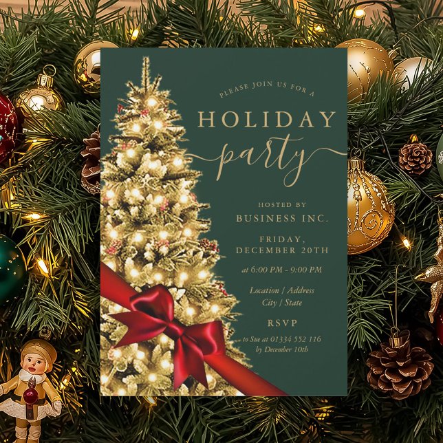 Gold Xmas Tree Red Bow Corporate Holiday Green Einladung (Gold Xmas Tree Red Bow Corporate Holiday Green Invitation)