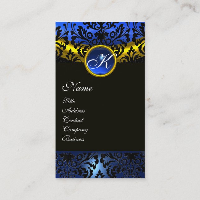 GOLD YELLOW BLACK BLUE SAPPHIRE DAMASK MONOGRAMM VISITENKARTE (Vorderseite)