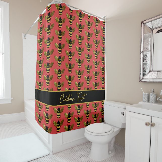 GOLD YELLOW BLACK BUMBLEBEE PATTERN TEXT WURDE ROT DUSCHVORHANG (Beispiel)