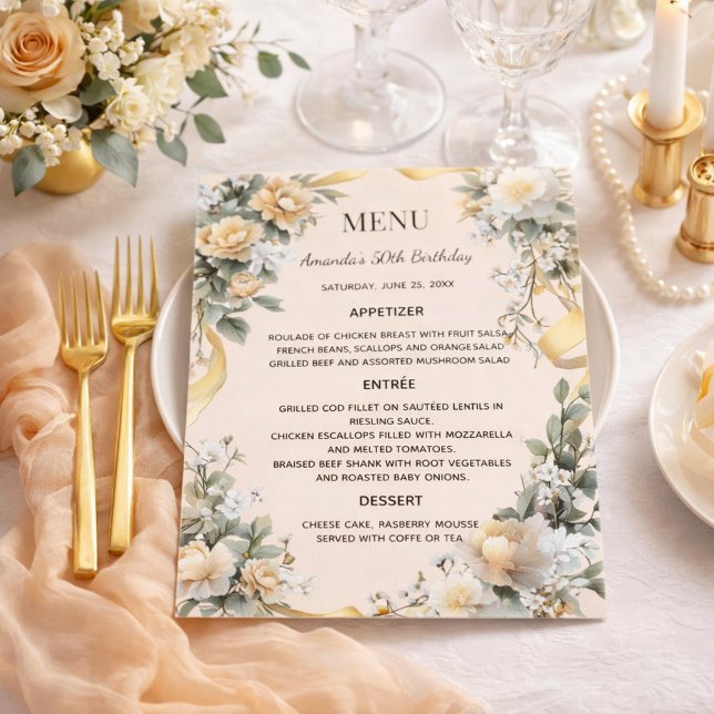 Gold yellow florals ribbon menu card (Von Creator hochgeladen)