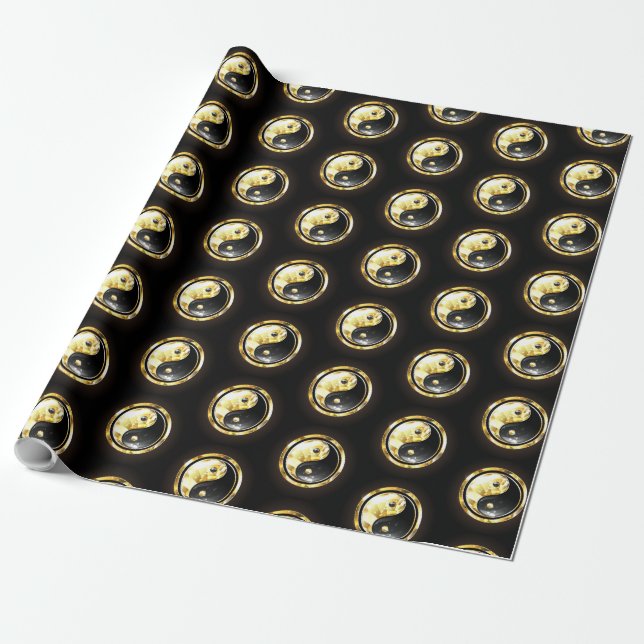 Gold Yin Yang auf schwarz Geschenkpapier (Ungerollt)