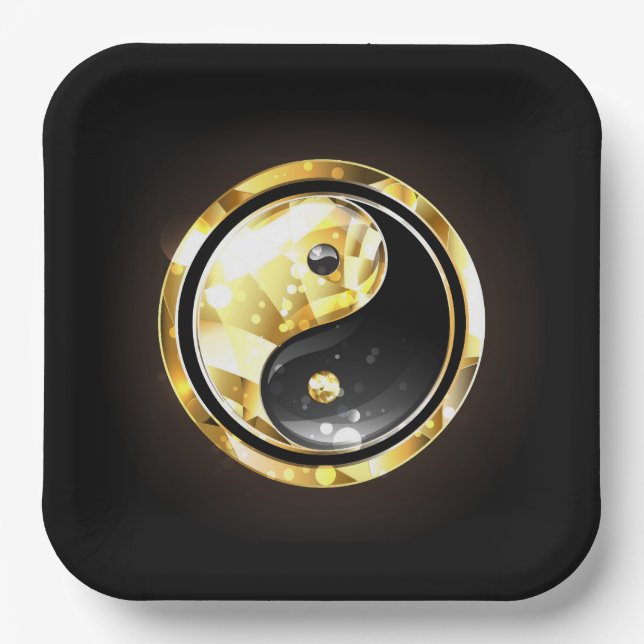 Gold Yin Yang auf schwarz Pappteller (Vorderseite)