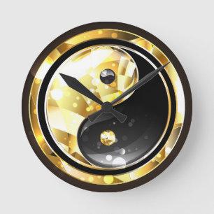 Gold Yin Yang auf schwarz Runde Wanduhr