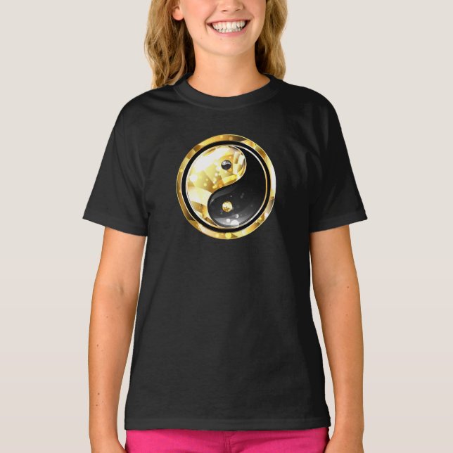 Gold Yin Yang auf schwarz T-Shirt (Vorderseite)