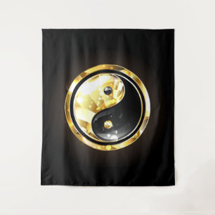 Gold Yin Yang auf schwarz Wandteppich