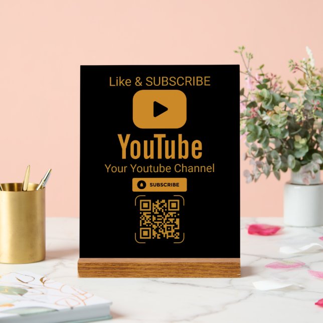 Gold YouTube Abonnieren QR Code Schwarz Acrylschild (Hochzeit)