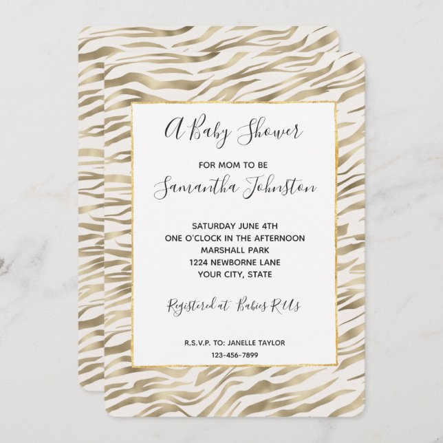 Gold Zebra Print Baby Dusche Einladung (Vorne/Hinten)