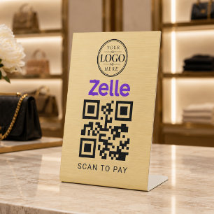 Gold Zelle Scan to Pay Tischdisplay Sockelschild