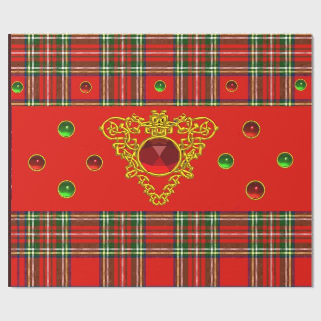 GOLD ZELLTIKHERZ, RUBY, ROT GRÜNE SCOTTISH TARTAN GESCHENKPAPIER (Flach)