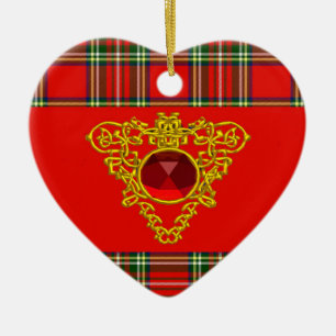 GOLD ZELLTIKHERZ, RUBY, ROT GRÜNE SCOTTISH TARTAN KERAMIK ORNAMENT