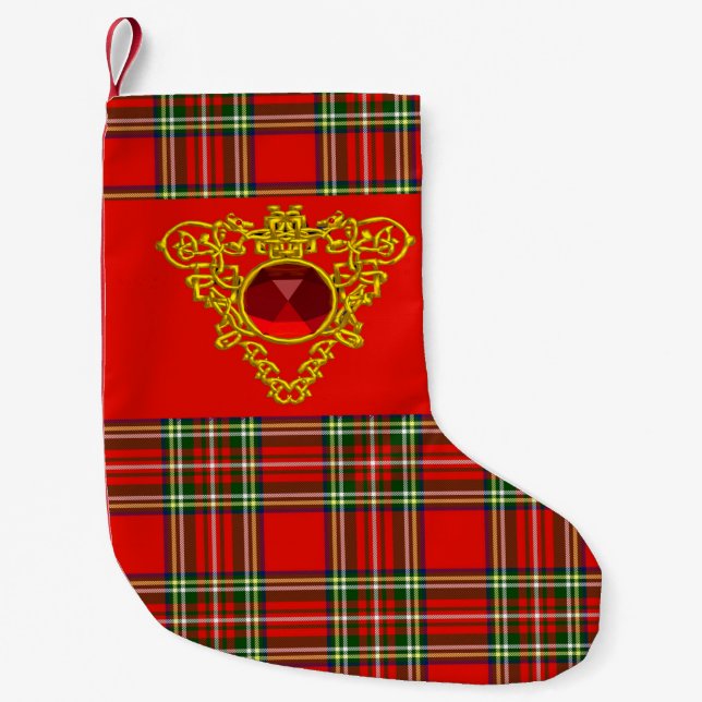 GOLD ZELLTIKHERZ, RUBY, ROT GRÜNE SCOTTISH TARTAN KLEINER WEIHNACHTSSTRUMPF (Vorderseite)