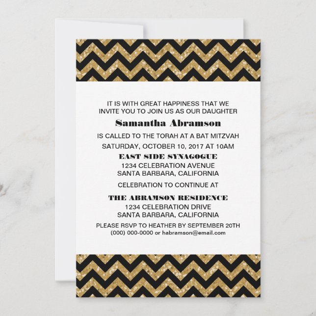 Gold Zickzack Glitzer Bat Mitzvah Einladung (Vorderseite)