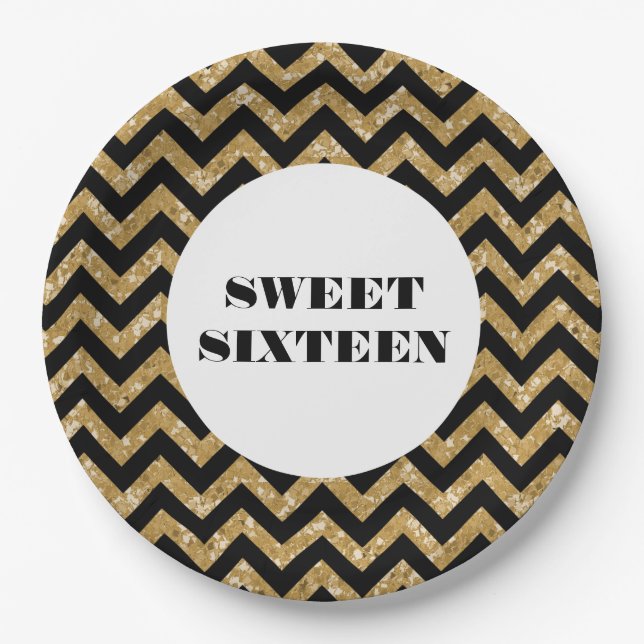 Gold Zickzack Glitzer Sweet 16 Paper Teller (Vorderseite)