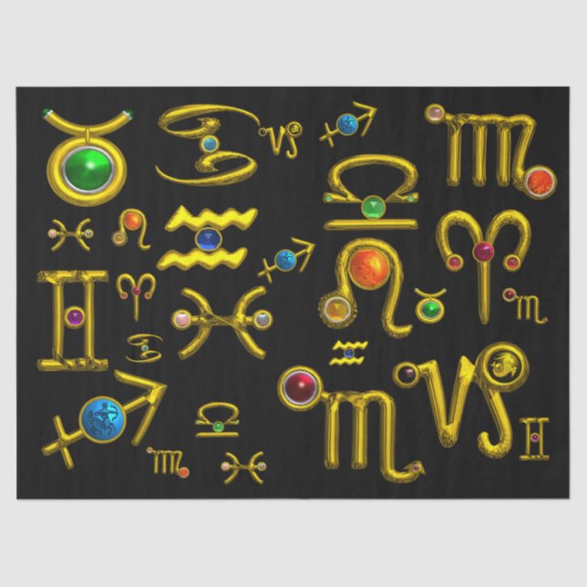 GOLD ZODIAC BIRTHDAY JEWELS,GEMSTONES,ASTROLOGIE SEIDENPAPIER (Vorderseite)