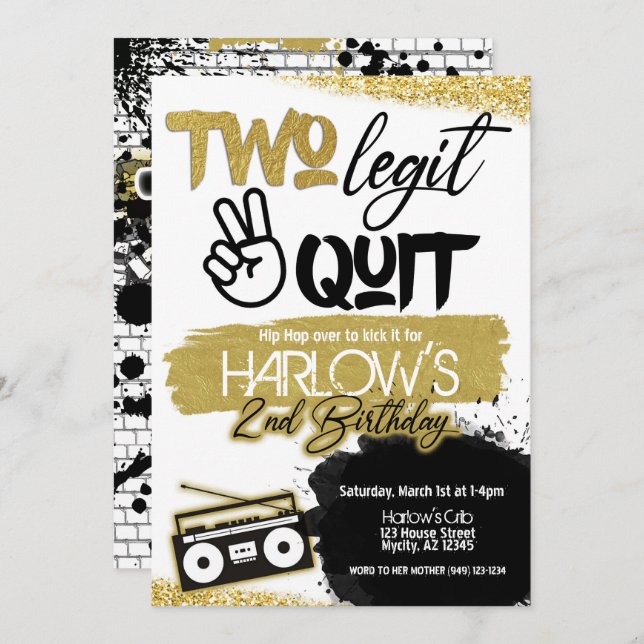 Gold Zwei Legit zwei Quit Hip Hop Einladung (Vorne/Hinten)